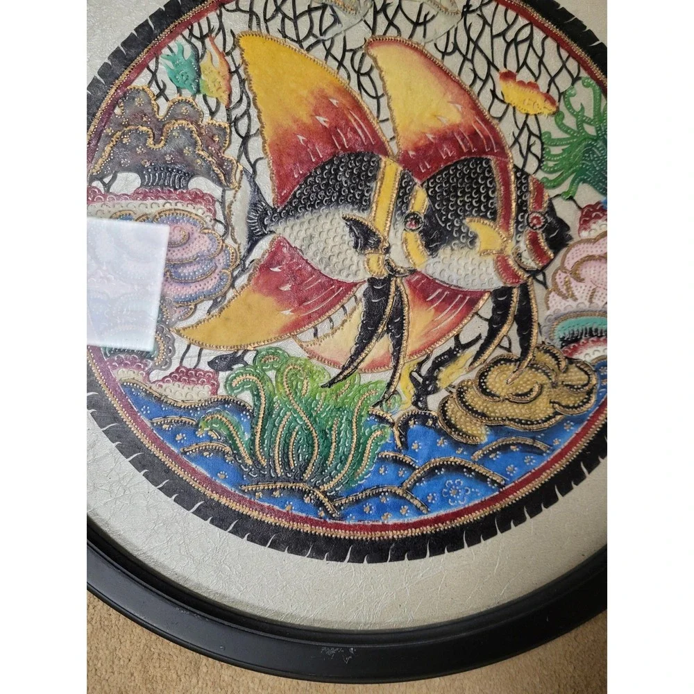 Framed Angelfish Textile Art Round Mixed Media Hand Painted‎ Embroidery 18inches